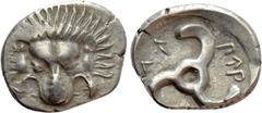 Greek Coins DYNASTS OF LYCIA. Perikles (Circa 380-360 BC). Tetrobol. Uncertain mint, possibly Limyra. Obv: Facing scalp of lion. Rev: Triskeles within incuse circle. Müseler VIII.49-51; SNG von Aulock