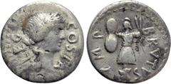 Roman Republican Coins M. JUNIUS BRUTUS (43-42 BC). Denarius. Military mint traveling with Brutus. Pedanius Costa, legate. Obv: LEG COSTA. Laureate head of Apollo to right. Rev: IMP BRVTVS. Trophy wit