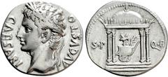 Roman Imperial Coins AUGUSTUS (27 BC-14 AD). Denarius. Uncertain Spanish mint, possibly Colonia Patricia. Obv: AVGVSTO CAESARI. Laureate head left. Rev: S P - Q R. Temple of Mars Ultor: round-domed, t