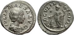 Roman Imperial Coins JULIA MAESA (Augusta, 218-224/5). Denarius. Rome. Obv: IVLIA MAESA AVG. Draped bust right. Rev: SAECVLI FELICITAS. Felicitas standing left, holding caduceus and patera over lighte