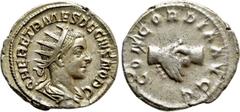 Roman Imperial Coins HERENNIUS ETRUSCUS (Caesar, 249-251). Antoninianus. Rome. Obv: Q HER ETR MES DECIVS NOB C. Radiate, draped and cuirassed bust right. Rev: CONCORDIA AVGG. Clasped hands. RIC 138 (D