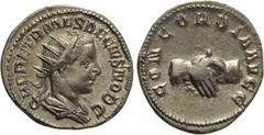 Roman Imperial Coins HERENNIUS ETRUSCUS (Caesar, 249-251). Antoninianus. Rome. Obv: Q HER ETR MES DECIVS NOB C. Radiate, draped and cuirassed bust right. Rev: CONCORDIA AVGG. Clasped hands. RIC 138 (D