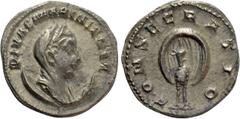 Roman Imperial Coins DIVA MARINIANA (Died before 253). Antoninianus. Rome. Obv: DIVAE MARINIANAE. Veiled, diademed and draped bust right, set on crescent. Rev: CONSECRATIO. Peacock standing facing, he