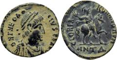Roman Imperial Coins THEODOSIUS I (379-395). Ae. Antioch. Obv: D N THEODOSIVS P F AVG. Pearl-diademed, draped and cuirassed bust right. Rev: GLORIA ROMANORVM / ANT Δ. Emperor on horseback right, raisi