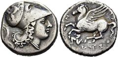 GRIECHEN SIZILIEN. SYRAKUS. Agathokles, 317 - 289 v. Chr. Didrachme ø 20mm (8,34g). Vs.: Kopf der Athena mit korinthischem Helm mit Greif auf dem Helmkessel n. r. Rs.: ΣΥΡ-Α-ΚΟΣΙΩ-[Ν], Pegasos n. l., 
