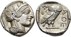 GRIECHEN ATTIKA. ATHEN. Tetradrachme ø 25mm (17,19g). 454 - 404 v. Chr. Vs.: Kopf der Athena mit einem attischen Helm, der mit einem Kranz aus Olivenbaumblättern geschmückt ist, u. Perlenkette n. r. R