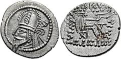GRIECHEN PARTHER. ARSAKIDEN. Artabanos VI., 216 - 224 n. Chr. Drachme ø 20mm (2,72g). Mzst. Ekbatana. Vs.: Büste mit Gabelbart, Tiara u. Diadem n. l., dahinter aramäische Buchstaben. Rs.: Sitzender Bo
