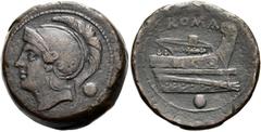 RÖMER RÖMISCHE REPUBLIK. ANONYME PRÄGUNGEN, 280 - 211 V. CHR. Anonym, 217 - 215 v. Chr. AE Uncia ø 25mm (13,23g). Mzst. Rom. Vs.: Behelmter Kopf der Roma n.l., dahinter Wertkugel. Rs.: Prora n.r., dar