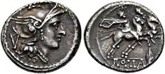 RÖMER RÖMISCHE REPUBLIK NACH 211 V. CHR. Speerspitze, 211 - 210 v. Chr. Quinar ø 15mm (2,15g). Mzst. in Südostitalien. Vs.: Kopf der Roma n. r., dahinter V. Rs.: ROMA, Dioskuren reiten n. r., darunter