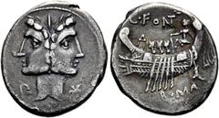 RÖMER RÖMISCHE REPUBLIK NACH 211 V. CHR. C. Fonteius, 114 oder 113 v. Chr. Denar ø 20mm (3,81g). Mzst. Rom. Vs.: Janusförmige Büste der Dioskuren, im Feld unten l. Kontrollmarke G, unten r. Stern. Rs.