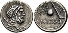 RÖMER RÖMISCHE REPUBLIK NACH 211 V. CHR. Cn. Cornelius Lentulus Marcellinus, 76 - 75 v. Chr. Denar ø 19mm (4,00g). Mzst. in Spanien? Vs.: G P R, Büste des Genius Populi Romani n. r., dahinter Zepter. 