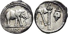 RÖMER RÖMISCHE REPUBLIK NACH 211 V. CHR. C. Iulius Caesar, 49 - 48 v. Chr. Denar ø 16mm (3,76g). Mzst. in Gallia Narbonensis oder Hispania Citerior. Vs.: CAESAR, Elefant trampelt n. r. einen Drachen n