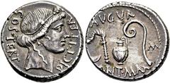 RÖMER RÖMISCHE REPUBLIK NACH 211 V. CHR. C. Iulius Caesar, 46 v. Chr. Denar ø 18mm (3,99g). Mzst. auf Sizilien? Vs.: DICT ITER - COS TERT, Kopf der Ceres mit Ährenkranz n. r. Rs.: AVGVR / PONT MAX / M