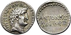 RÖMER RÖMISCHE REPUBLIK NACH 211 V. CHR. Marcus Antonius, 33 v. Chr. Denar ø 19mm (3,78g). Mzst. mobil. Vs.: ANTON AVG IMP III COS DES III IIIV R P C, Kopf des Marc Anton n. r. Rs.: ANTONIVS / AVG IMP