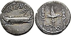 RÖMER RÖMISCHE REPUBLIK NACH 211 V. CHR. Marcus Antonius, 32 - 31 v. Chr. Denar ø 19mm (3,68g). Mzst. mit Marc Anton ziehend (Patras?). Vs.: ANT AVG / IIIVIR R P C, Kriegsgaleere n. r. Rs.: LEG XVI, A