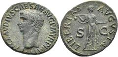 RÖMER RÖMISCHE KAISERZEIT. Claudius, 41 - 54 n. Chr. AE As ø 29mm (9,91g). 42 - 43 n. Chr. Mzst. Rom. Vs.: TI CLAVDIVS CAESAR AVG P M TR P IMP P P, Kopf n. l. Rs.: LIBERTAS AVGVSTA / S - C, Libertas m