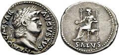 RÖMER RÖMISCHE KAISERZEIT. Nero, 54 - 68 n. Chr. Denar ø 19mm (3,60g). 64 - 66 n. Chr. Mzst. Rom. Vs.: NERO CAESAR AVGVSTVS, Kopf mit Lorbeerkranz n. r. Rs.: SALVS, Salus thront mit Patera n. l. RIC 6
