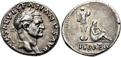 RÖMER RÖMISCHE KAISERZEIT. Vespasian, 69 - 79 n. Chr. Denar ø 17mm (3,43g). 69 - 70 n. Chr. Mzst. Rom. Vs.: IMP CAESAR VESP ASIANVS AVG, Kopf mit Lorbeerkranz n. r. Rs.: IVDAEA, Judaea sitzt n. r., hi