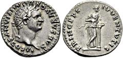 RÖMER RÖMISCHE KAISERZEIT. Domitian als Caesar, 69 - 81 n. Chr. Denar ø 18mm (3,50g). Geprägt unter Vespasian, 79 n. Chr. Mzst. Rom. Vs.: CAESAR AVG F DOMITIANVS COS VI, Kopf mit Lorbeerkranz n. r. Rs