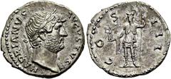 RÖMER RÖMISCHE KAISERZEIT. Hadrian, 117 - 138 n. Chr. Denar ø 19mm (3,38g). 124 - 127 n. Chr. Mzst. Rom. Vs.: HADRIANVS AVGVSTVS, Kopf mit Lorbeerkranz u. Gewand auf l. Schulter n.r. Rs.: COS III, Rom