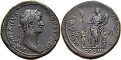 RÖMER RÖMISCHE KAISERZEIT. Hadrian, 117 - 138 n. Chr. AE Sesterz ø 34mm (26,91g). 128 - 129 n. Chr. Mzst. Rom. Vs.: HADRIANVS AVGVSTVS P P, Kopf mit Lorbeerkranz n. r. Rs.: HILARI-TAS P R / S - C / CO
