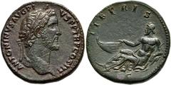 RÖMER RÖMISCHE KAISERZEIT. Antoninus Pius, 138 - 161 n. Chr. AE Sesterz ø 32mm (24,64g). 140 - 141 n.Chr. Mzst. Rom. Vs.: ANTONINVS AVG PI-VS P P TR P COS III, Kopf mit Lorbeerkranz n.r. Rs.: TIBERIS 