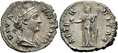 RÖMER RÖMISCHE KAISERZEIT. Diva Faustina maior, ab 140 n. Chr. Denar ø 19mm (3,45g). Nach 141 n.Chr. Mzst. Rom. Vs.: DIVA FAVSTINA, drapierte Büste n.r. Rs.: AETE-R-NITAS, Fortuna steht mit Globus und