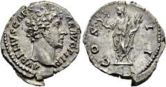 RÖMER RÖMISCHE KAISERZEIT. Marcus Aurelius als Caesar, 139 - 161 n. Chr. Denar ø 20mm (2,88g). 145 - 147 n. Chr. Mzst. Rom. Vs.: AVRELIVS CAE-SAR AVG PII F, Kopf n. r. Rs.: COS II, Honos mit Zweig u. 