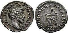 RÖMER RÖMISCHE KAISERZEIT. Marcus Aurelius, 161 - 180 n. Chr. Denar ø 18mm (3,37g). 163 n. Chr. Mzst. Rom. Vs.: IMP M ANTONINVS AVG, Kopf n.r. Rs.: CONCORD AVG TR P XVII / COS III, Concordia sitzt mit