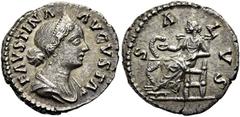 RÖMER RÖMISCHE KAISERZEIT. Faustina minor, 147 - 176 n. Chr. Denar ø 17mm (2,53g). Mzst. Rom. Vs.: FAVSTINA AVGVSTA, drapierte Büste n. r. Rs.: SALVS, linkshin thronende Salus füttert eine Schlange au