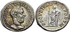 RÖMER RÖMISCHE KAISERZEIT. Macrinus, 217 - 218 n. Chr. Denar ø 20mm (3,24g). Mzst. Rom. Vs.: IMP C M OPEL SEV MACRINVS AVG, Panzerbüste mit Lorbeerkranz n. r. Rs.: SECVRITAS TEMPORVM, Securitas mit ge