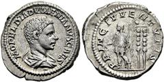 RÖMER RÖMISCHE KAISERZEIT. Diadumenian als Caesar, 217 - 218 n. Chr. Denar ø 19mm (2,98g). Mzst. Rom. Vs.: M OPEL ANT DIADVMENIAN CAES, drapierte Panzerbüste n. r. Rs.: PRINC IVVENTVTIS, Diadumenian m