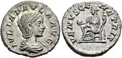 RÖMER RÖMISCHE KAISERZEIT. Iulia Paula, 220 n. Chr. Denar ø 19mm (3,11g). 220 n. Chr. Mzst. Rom. Vs.: IVLIA PAVLA AVG, drapierte Büste n. r. Rs.: VENVS GE-NETRIX, Venus mit Apfel u. Zepter sitzt n. l.