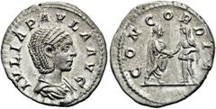 RÖMER RÖMISCHE KAISERZEIT. Iulia Paula, 220 n. Chr. Denar ø 19mm (2,49g). Mzst. Rom. Vs.: IVLIA PAVLA AVG, drapierte Büste n. r. Rs.: CONCORDIA, Iulia Paula capite velato u. Elagabal in dextrarum iunc