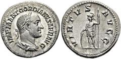 RÖMER RÖMISCHE KAISERZEIT. Gordian II., 238 n. Chr. Denar ø 19mm (3,07g). Mzst. Rom. Vs.: IMP M ANT GORDIANVS AFR AVG, drapierte Panzerbüste mit Lorbeerkranz n. r. Rs.: VIRTVS AVGG, Virtus steht mit S