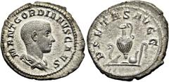 RÖMER RÖMISCHE KAISERZEIT. Gordian III. als Caesar, 238 n. Chr. Denar ø 21mm (2,62g). Mzst. Rom. Vs.: M ANT GORDIANVS CAES, drapierte Büste n. r. Rs.: PIETAS AVGG, Lituus, Messer, Kanne, Simpulum, Asp