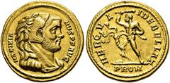 RÖMER RÖMISCHE KAISERZEIT. Maximianus Herculius, 285 - 310 n. Chr. Aureus ø 18mm (5,22g). 294 n.Chr. Mzst. Rom. Vs.: MAXIMIA-NVS PF AVG, Kopf mit Löwenskalp n.r. Rs.: HERC-V-L-I DEBELLAT / PROM, Herku