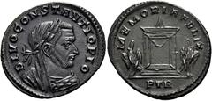 RÖMER RÖMISCHE KAISERZEIT. Divus Constantius I. Chlorus, ab 306 n. Chr. AE Follis ø 27mm (5,30g). 307 - 308 n. Chr. Mzst. Treveris. Vs.: DIVO CONSTANTIO PIO, drapierte Büste capite velato mit Lorbeerk