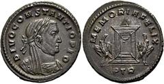 RÖMER RÖMISCHE KAISERZEIT. Divus Constantius I. Chlorus, ab 306 n. Chr. AE Follis ø 27mm (6,73g). 307 - 308 n. Chr. Mzst. Treveris. Vs.: DIVO CONSTANTIO PIO, drapierte Büste capite velato mit Lorbeerk