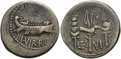 RÖMER RÖMISCHE REPUBLIK. RÖMISCHE REPUBLIK NACH 211 V. CHR Marcus Antonius, 32 - 31 v. Chr. Denar ø 18mm (3,69g). Mzst. mobil. Vs.: ANT AVG / IIIVIR R P C, Kriegsgaleere n. r. Rs.: LEG VI, Aquila zwis