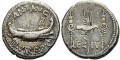 RÖMER RÖMISCHE REPUBLIK. RÖMISCHE REPUBLIK NACH 211 V. CHR Marcus Antonius, 32 - 31 v. Chr. Denar ø 18mm (3,38g). Mzst. mit Marc Anton ziehend. Vs.: ANT AVG / IIIVIR R P C, Kriegsgaleere n. r. Rs.: LE