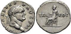 RÖMER RÖMISCHE KAISERZEIT. Vespasian, 69 - 79 n. Chr. Denar ø 18mm (3,45g). 71 n. Chr. Mzst. Rom. Vs.: IMP CAES VESP AVG P M, Kopf mit Lorbeerkranz n. r. Rs.: TRI - POT, Vesta sitzt mit Simpulum n. l.