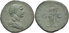 RÖMER RÖMISCHE KAISERZEIT. Trajan, 98 - 117 n. Chr. AE Sesterz ø 33mm (23,53g). ca. 112 - 114 n. Chr. Mzst. Rom. Vs.: IMP CAES NERVAE TRAIANO AVG GER DAC P M TR P COS VI P P, drapierte Büste mit Lorbe