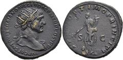 RÖMER RÖMISCHE KAISERZEIT. Trajan, 98 - 117 n. Chr. AE Dupondius ø 28mm (10,60g). ca. 104/105 - 107 n. Chr. Mzst. Rom. Vs.: IMP CAES NERVAE TRAIANO AVG GER DAC P M TR P COS V P P, Kopf mit Strahlenkro