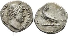 RÖMER RÖMISCHE KAISERZEIT. Hadrian, 117 - 138 n. Chr. Denar ø 18mm (3,32g). 125 - 126/127 n. Chr. Mzst. Rom. Vs.: HADRIANVS AVGVSTVS, Kopf mit Lorbeerkranz n. r. Rs.: COS III, Adler sitzt mit geschlos