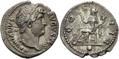RÖMER RÖMISCHE KAISERZEIT. Hadrian, 117 - 138 n. Chr. Denar ø 18mm (3,35g). ca. 126 -127 n. Chr. Mzst. Rom. Vs.: HADRIANVS AVGVSTVS, Kopf mit Lorbeerkranz n. r. Rs.: COS III, Annona (Abundantia) sitzt