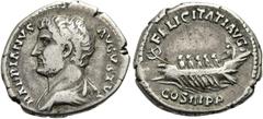 RÖMER RÖMISCHE KAISERZEIT. Hadrian, 117 - 138 n. Chr. Denar ø 19mm (3,47g). ca. 129 - 130 n. Chr. Mzst. Rom. Vs.: HADRIANVS AVGVSTVS, drapierte Büste n. l. Rs.: FELICITATI AVG / COS III P P, Galeere n