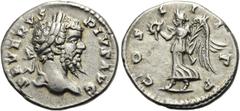 RÖMER RÖMISCHE KAISERZEIT. Septimius Severus, 193 - 211 n. Chr. Denar ø 19mm (3,32g). 202 n. Chr. Mzst. Laodicea ad mare. Vs.: SEVERVS PIVS AVG, Kopf mit Lorbeerkranz n. r. Rs.: COS III P P, Viktoria 