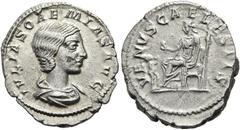 RÖMER RÖMISCHE KAISERZEIT. Iulia Soaemias, 218 - 222 n. Chr. Denar ø 19mm (3,22g). Mzst. Rom. Vs.: IVLIA SOAEMIAS AVG, drapierte Büste n. r. Rs.: VENVS CAELESTIS, Venus mit Zepter u. Apfel sitzt n. l.