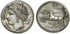 SIZILIEN SYRAKUS Agathokles, 317 - 289 v. Chr. Tetradrachme 2. Periode, 310 - 305 v. Chr. 16.80 g. Vs.: Kopf der Arethusa n. l., darum drei Delfine. Unten NK. Rs.: Quadriga n. l., darüber Triskeles, i